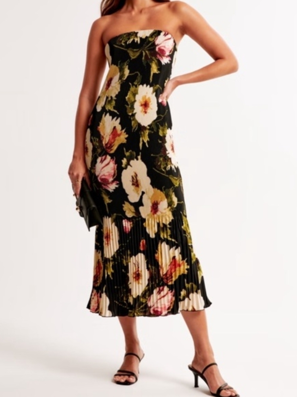 Abercrombie & Fitch Black Strapless Floral Midi Dress